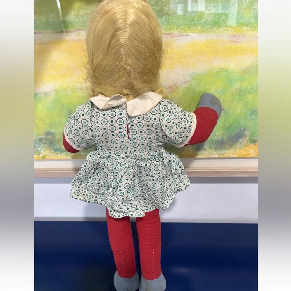 Carnival Plastic Face Cloth Fabric Doll Blonde Hair Braids Blue Eyes Vintage 60s